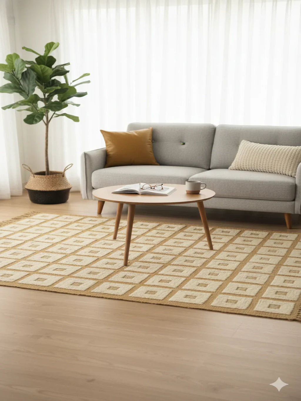 Beige Geometric Grid Woven Cotton Jute Rug with Fringed Edges - SanskrutiHomes 