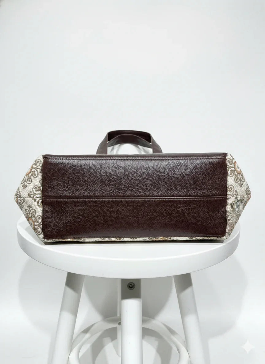 Beige Floral Print with Brown Handle Cotton Tote bag for Women - SanskrutiHomes 