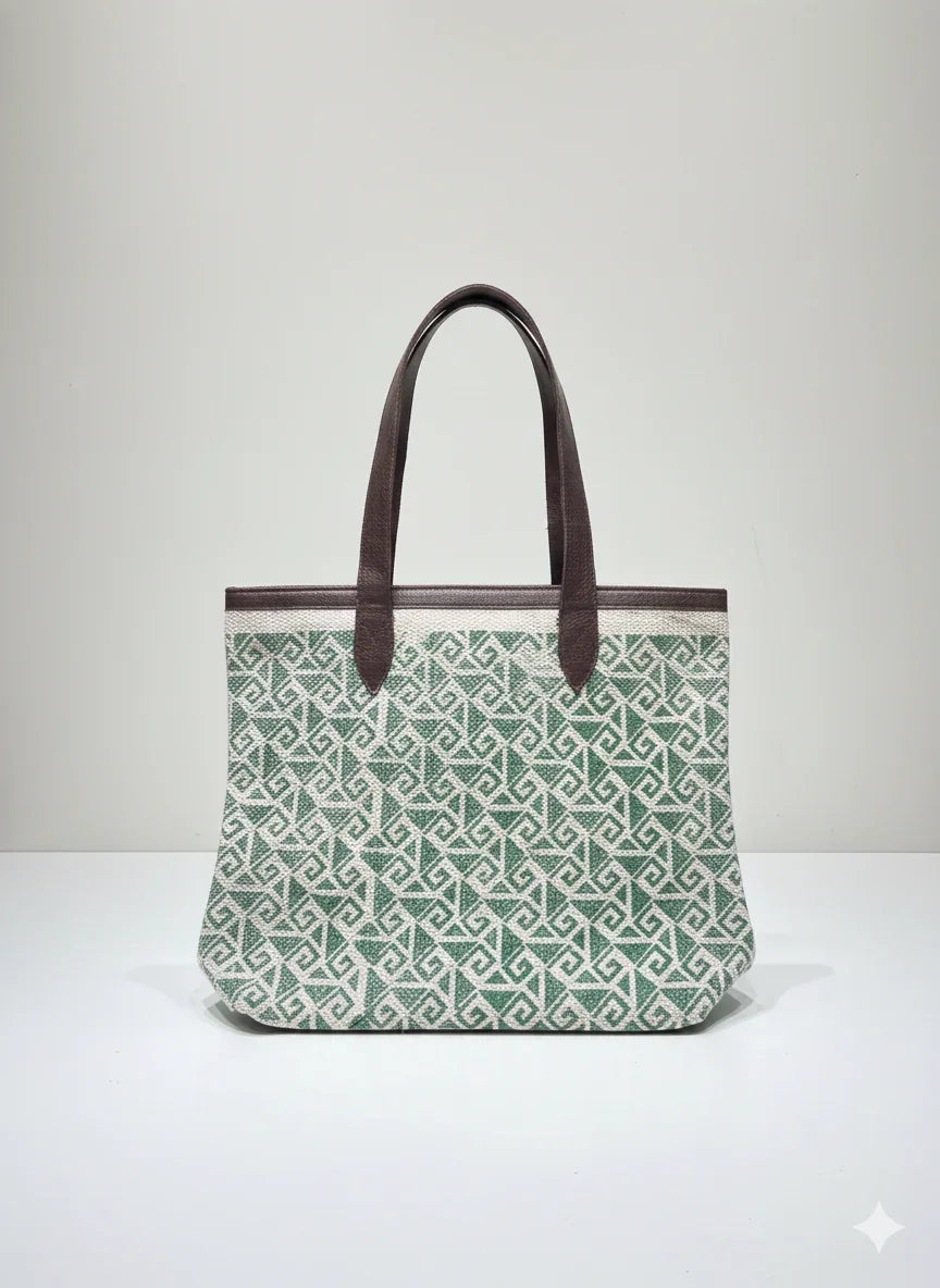 Green Geometric Print Cotton Tote Bag For Women - SanskrutiHomes 