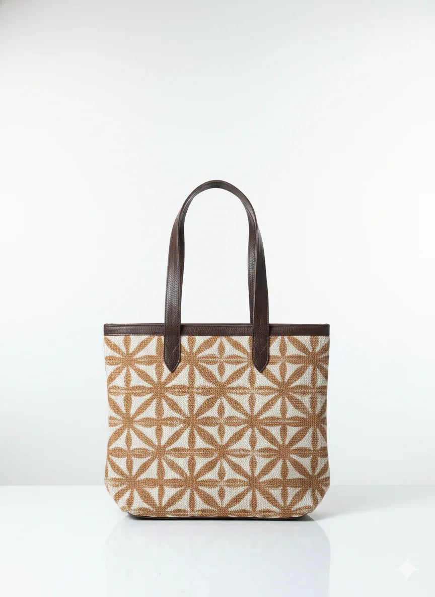 Brown Geometric Print Canvas Tote Bag with Brown Leatherette Handles for Women - SanskrutiHomes 