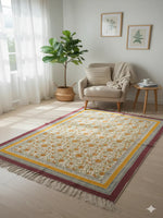 Orange Block Print Cotton fringed edges Rug - SanskrutiHomes 