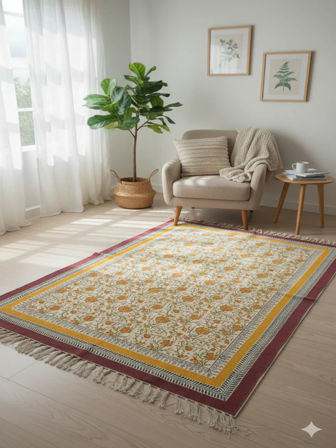 Orange Block Print Cotton fringed edges Rug - SanskrutiHomes 