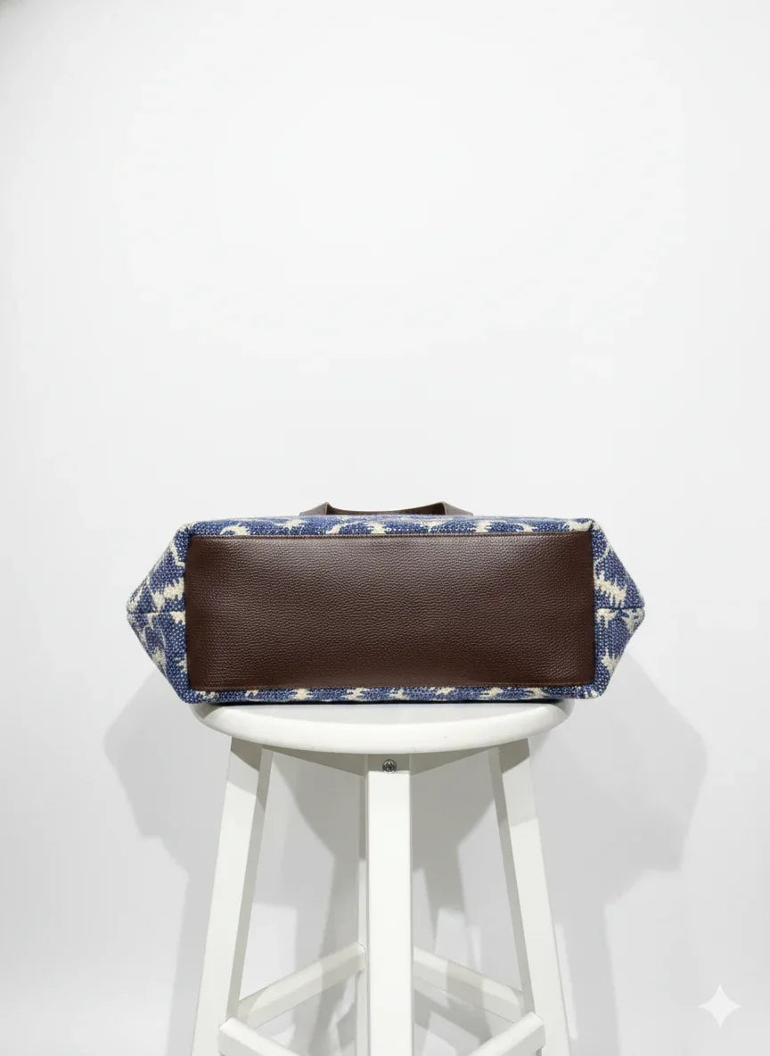 Blue Geometric Print with Brown Handle Cotton Tote Bag for Women - SanskrutiHomes 