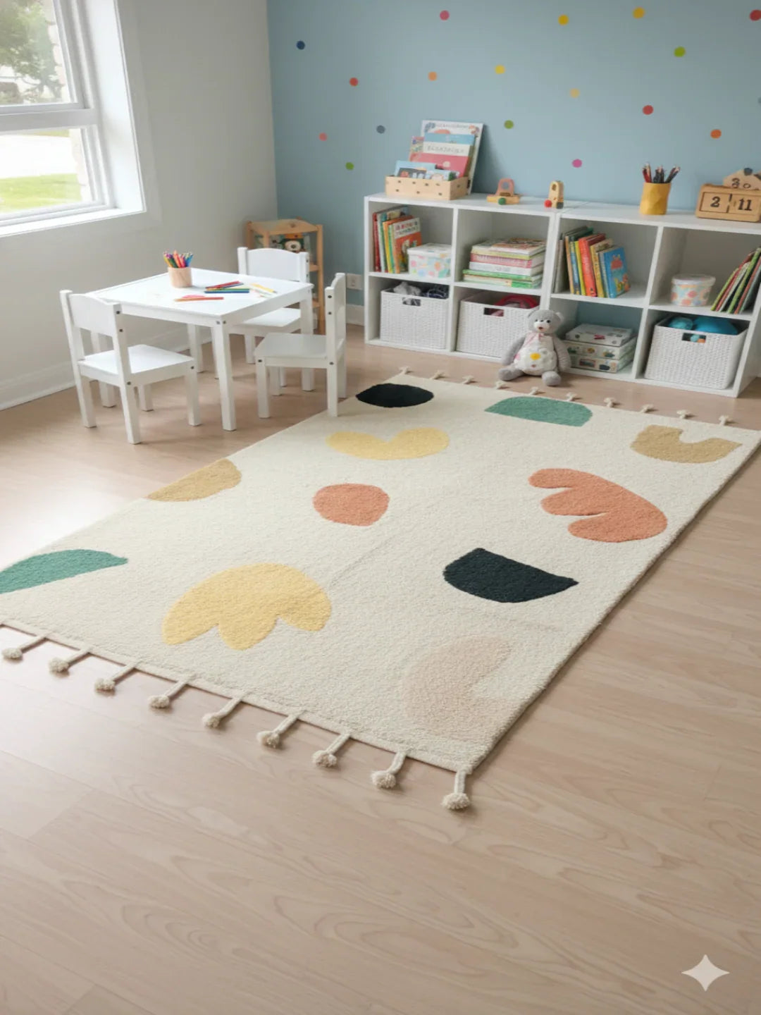 White Abstract Print Cotton Tufted Tassels Rug - SanskrutiHomes 