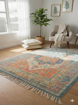Orange Digital Geometric Woven Cotton Area with Tassels Fringed Edges Rug - SanskrutiHomes 