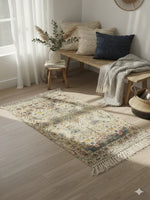 Beige Geometric Cotton Woven Digital Print Polyester Fringed Edges Rug - SanskrutiHomes 