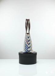 White Geometric Print Cotton Tote Bag with Brown Shoulder Straps for Women - SanskrutiHomes 