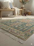 Sage Green Digital Geometric Print with fringed edges Rug - SanskrutiHomes 