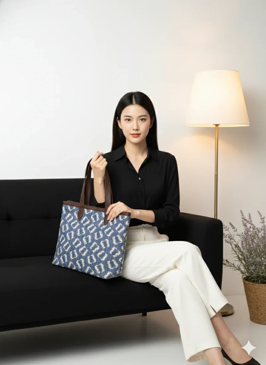 Blue Geometric Print with Brown Handle Cotton Tote Bag for Women - SanskrutiHomes 