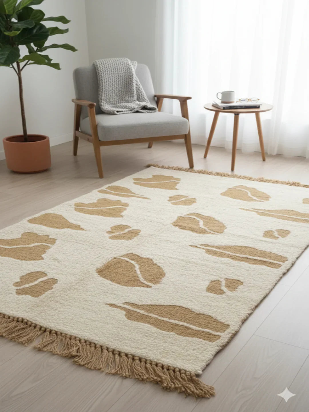 Beige Abstract Motif Woven Cotton Jute Rug with Fringed Edges - SanskrutiHomes 