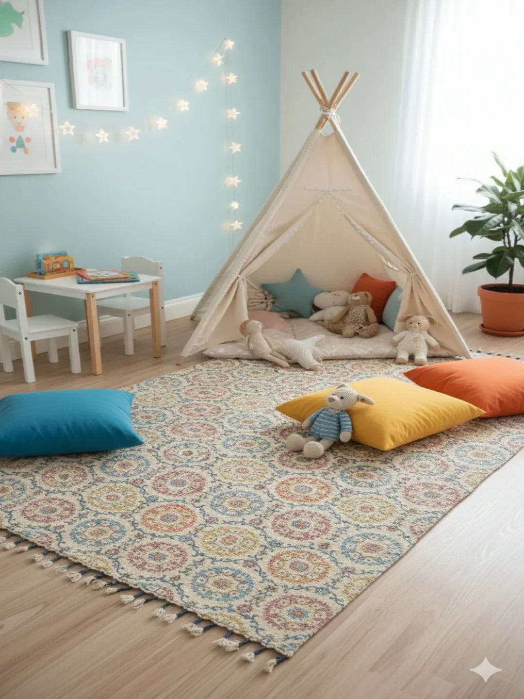 Multi-Color Floral Medallion Polyester Woven Area fringed edges Rug - SanskrutiHomes 