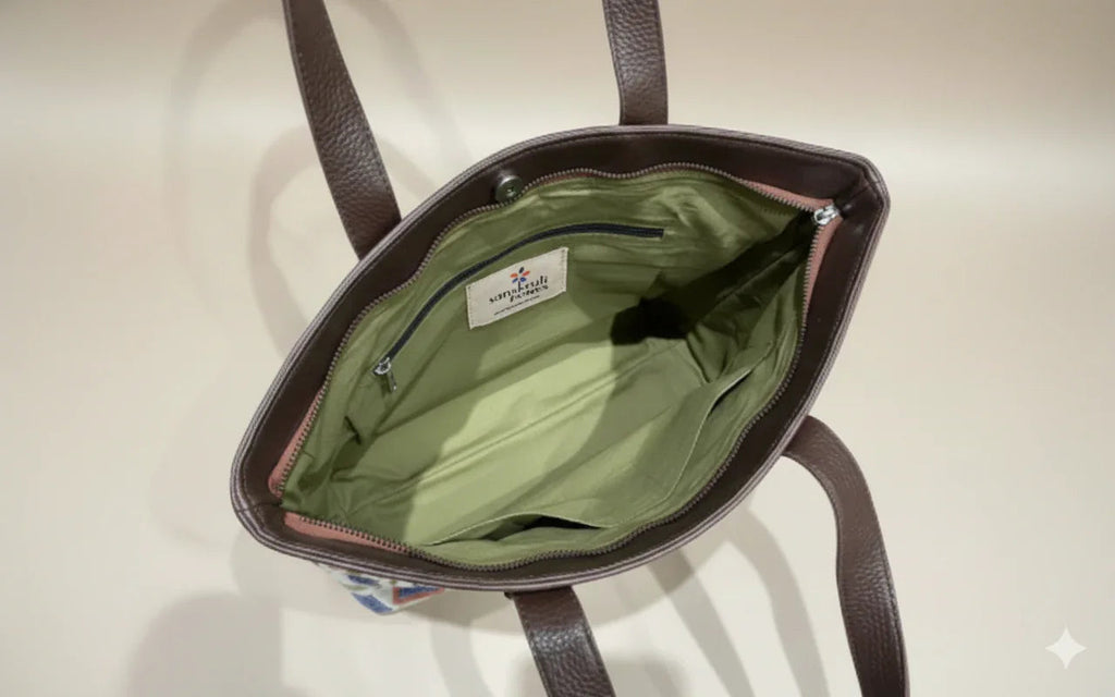 Coffee Brown Geometric Print With brown Shoulder Straps Cotton Tote Bag for Women - SanskrutiHomes 