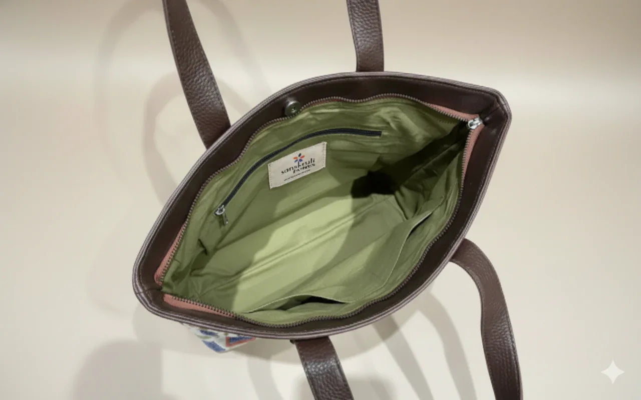 Coffee Brown Geometric Print With brown Shoulder Straps Cotton Tote Bag for Women - SanskrutiHomes 