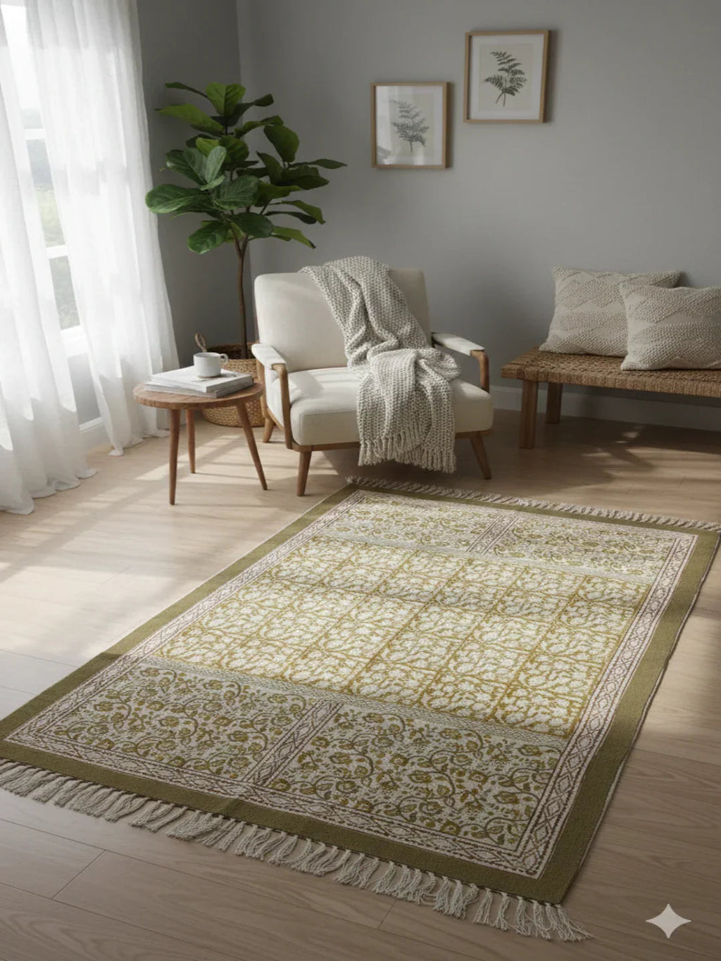 Beige Cotton Abstract Block Print fringed edges Rugs - SanskrutiHomes 