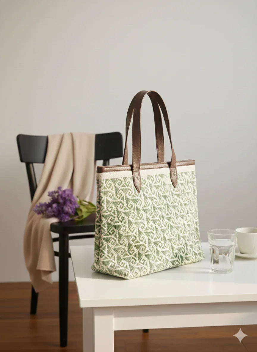 Green Geometric Print Cotton Tote Bag For Women - SanskrutiHomes 