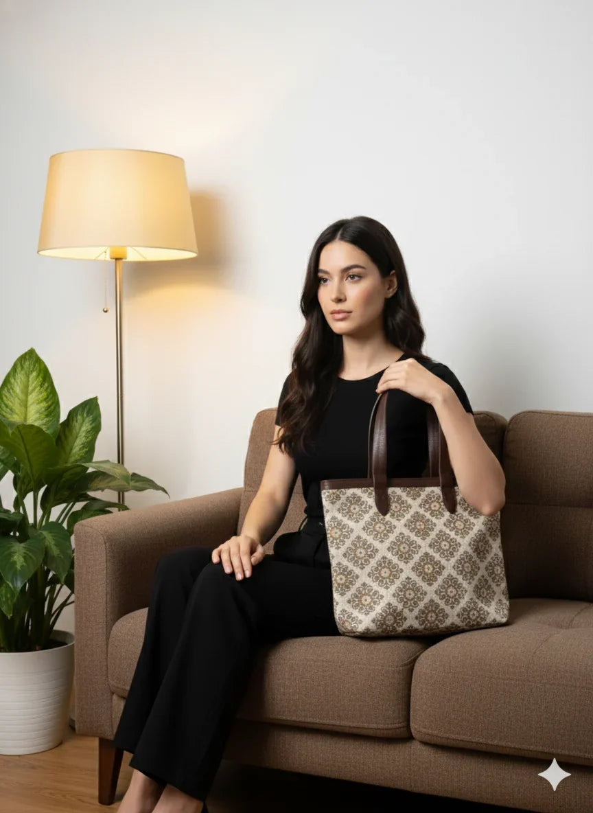 Beige Floral Print with Brown Handle Cotton Tote bag for Women - SanskrutiHomes 