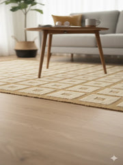 Beige Geometric Grid Woven Cotton Jute Rug with Fringed Edges - SanskrutiHomes 