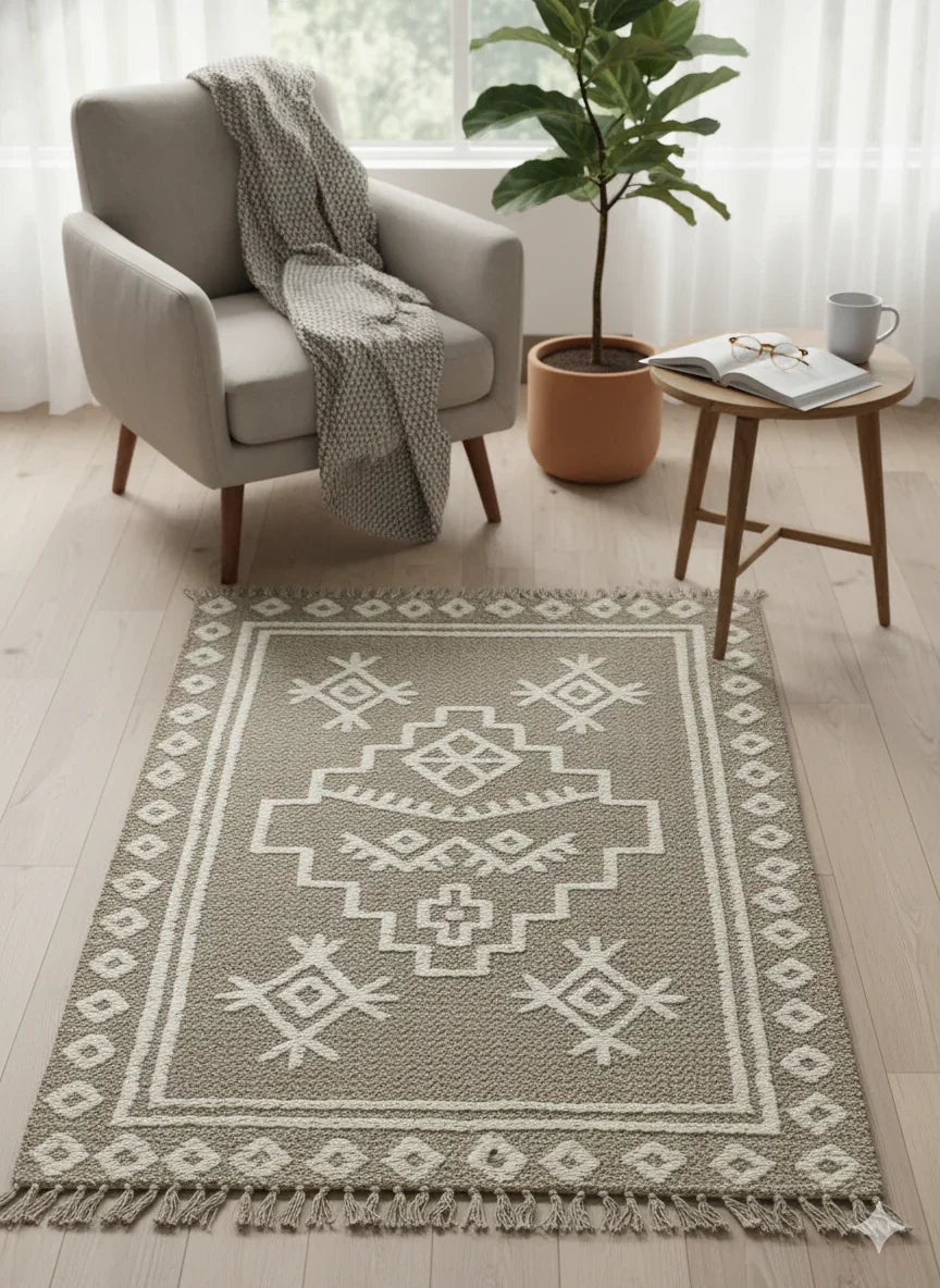 Grey Tribal Geometric Woven Cotton Jute Rug with Fringed Edges - SanskrutiHomes 