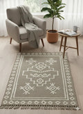 Grey Tribal Geometric Woven Cotton Jute Rug with Fringed Edges - SanskrutiHomes 
