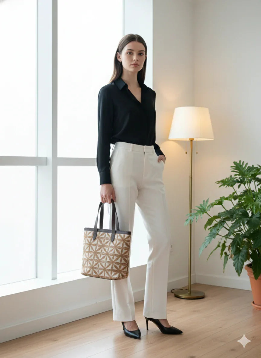 Brown Geometric Print Canvas Tote Bag with Brown Leatherette Handles for Women - SanskrutiHomes 