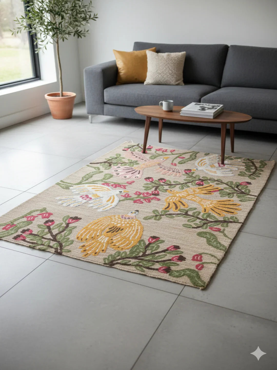 Multi Color Floral Print Woven Cotton Jute tufted Rug - SanskrutiHomes 