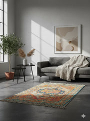 Orange Digital Geometric Woven Cotton Area with Tassels Fringed Edges Rug - SanskrutiHomes 