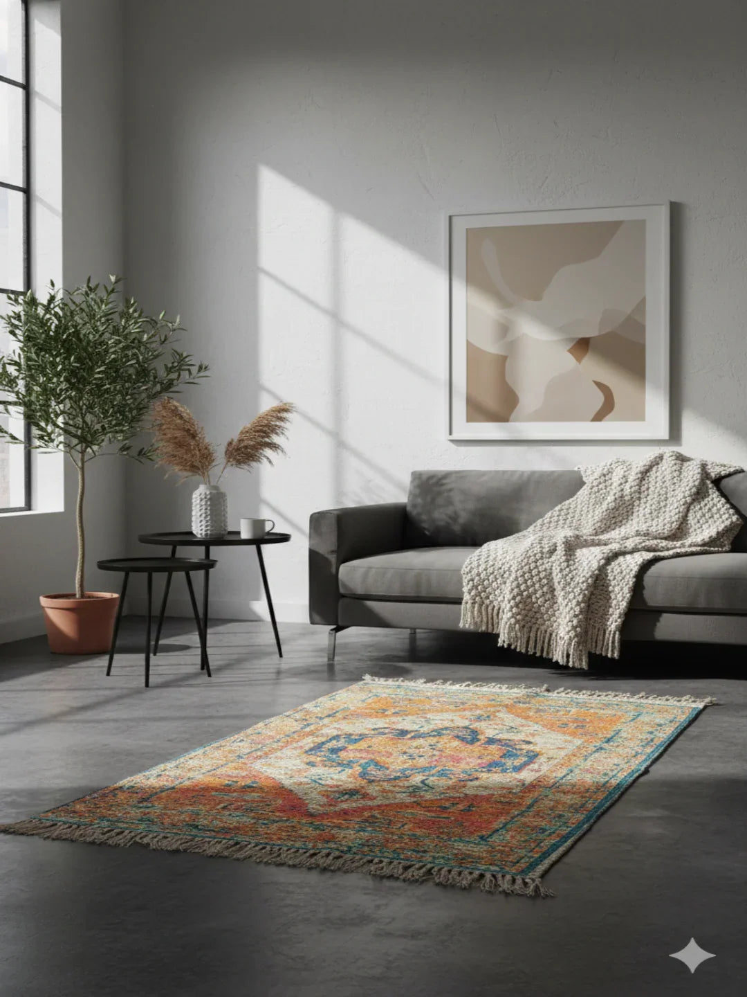 Orange Digital Geometric Woven Cotton Area with Tassels Fringed Edges Rug - SanskrutiHomes 