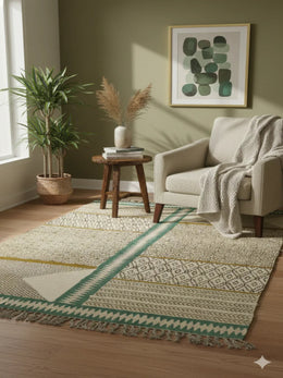 Beige Geometric Patchwork Polyester Woven with Fringed Edges Area Rug - SanskrutiHomes 