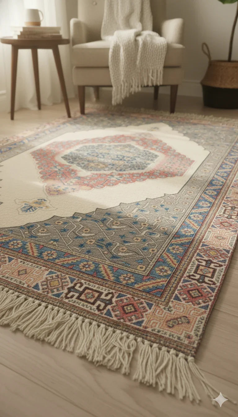 Multi Color Cotton Digital Print Stripe with Tassels and fringed edges Rug - SanskrutiHomes 