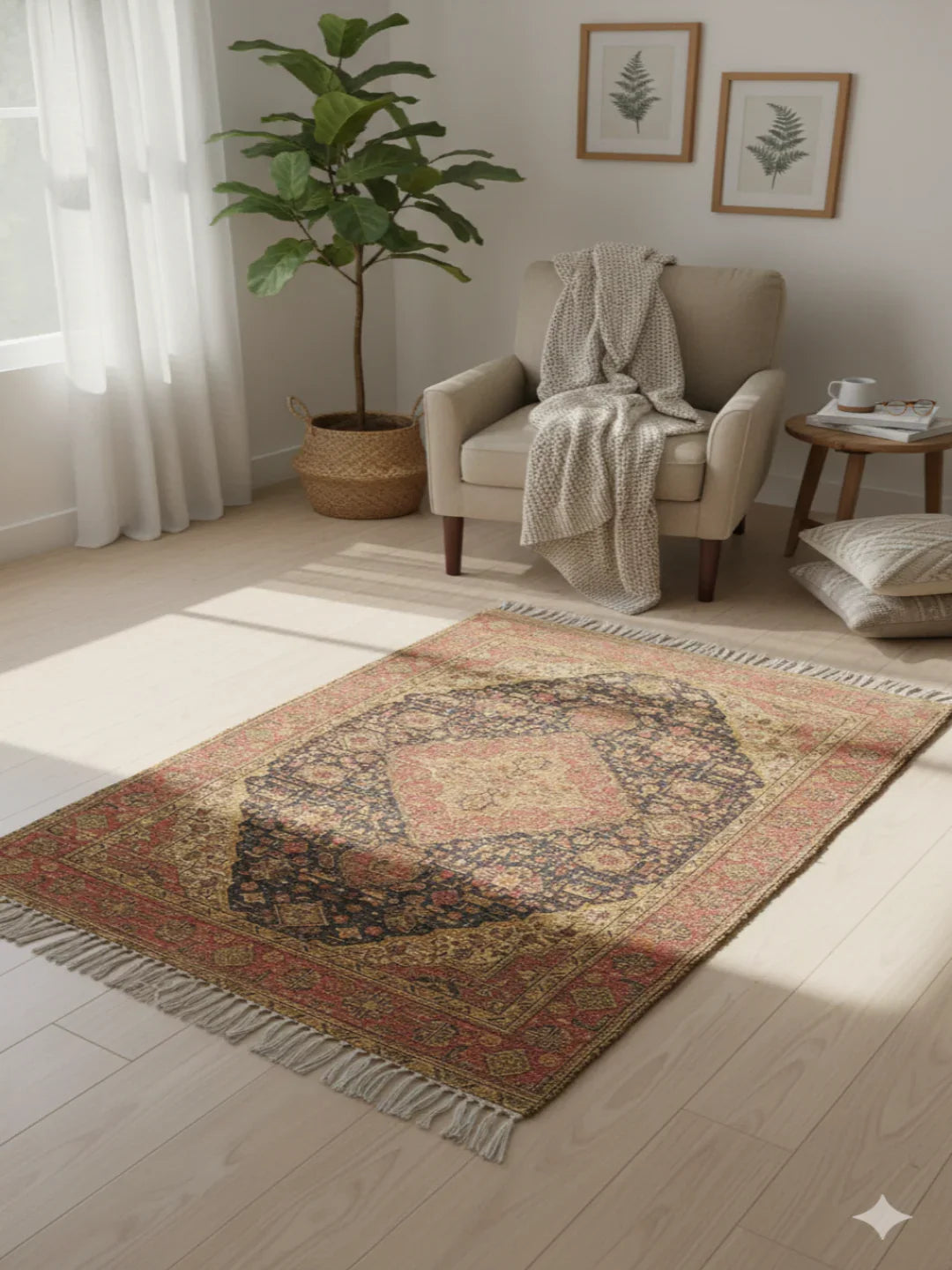 Rust Polyester Woven Digital Print with Tassels and fringed edges Rug - SanskrutiHomes 