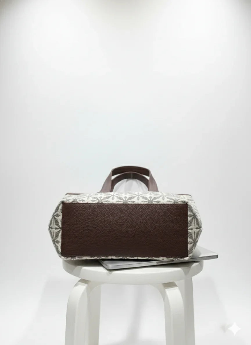 Coffee Brown Geometric Print With brown Shoulder Straps Cotton Tote Bag for Women - SanskrutiHomes 