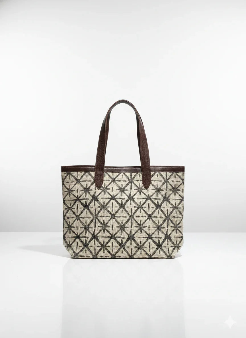 Beige Geometric Print Tote Bag with Brown Handles for Women - SanskrutiHomes 