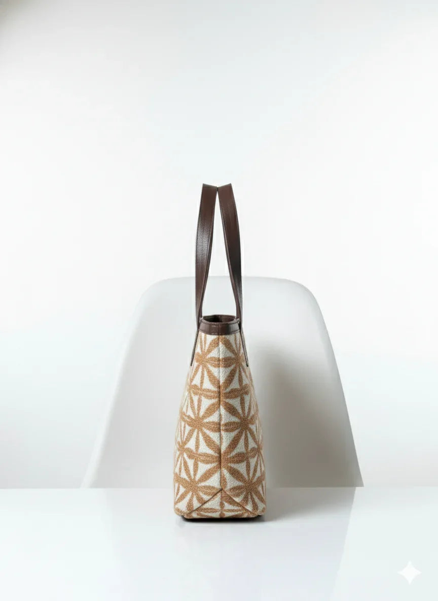 Brown Geometric Print Canvas Tote Bag with Brown Leatherette Handles for Women - SanskrutiHomes 