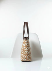 Brown Geometric Print Canvas Tote Bag with Brown Leatherette Handles for Women - SanskrutiHomes 