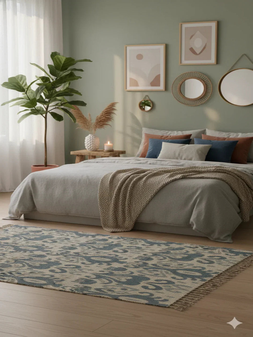 Off White & Slate Blue Geometric Cotton Woven Area with Fringed Edges Rug - SanskrutiHomes 