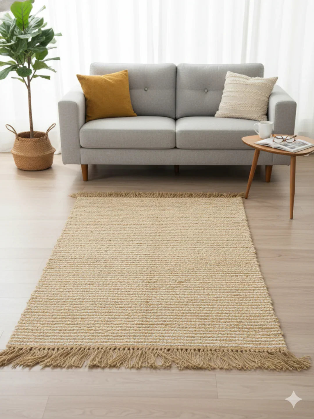 Beige Stripes Print Cotton and Jute Woven fringed edges Rug - SanskrutiHomes 