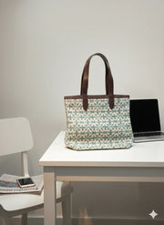 Sea Green Geometric print with Brown Shoulder Strap Tote Bag for Women - SanskrutiHomes 