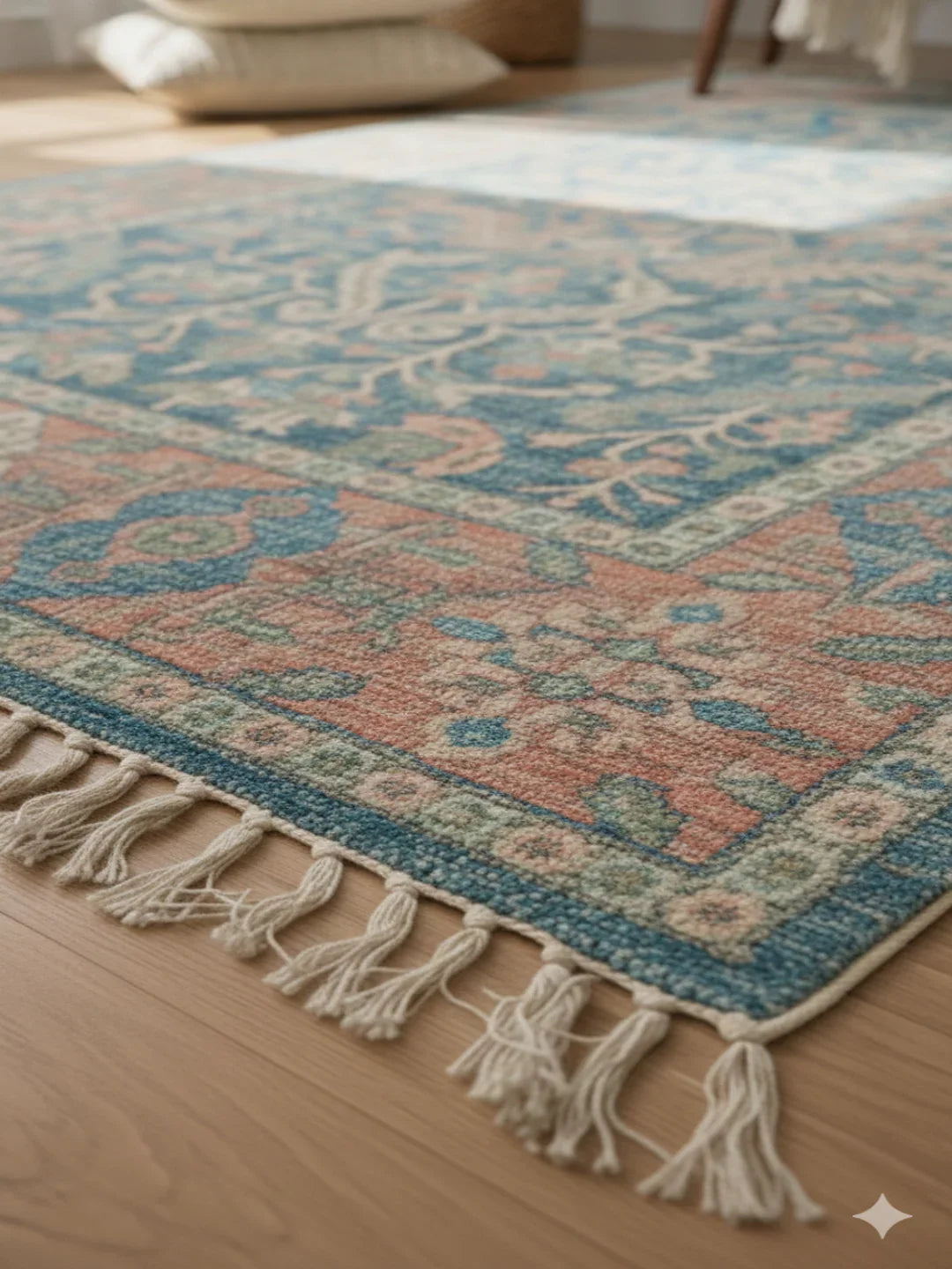 Teal Woven Digital Print Polyester fringed edges Rug - SanskrutiHomes 