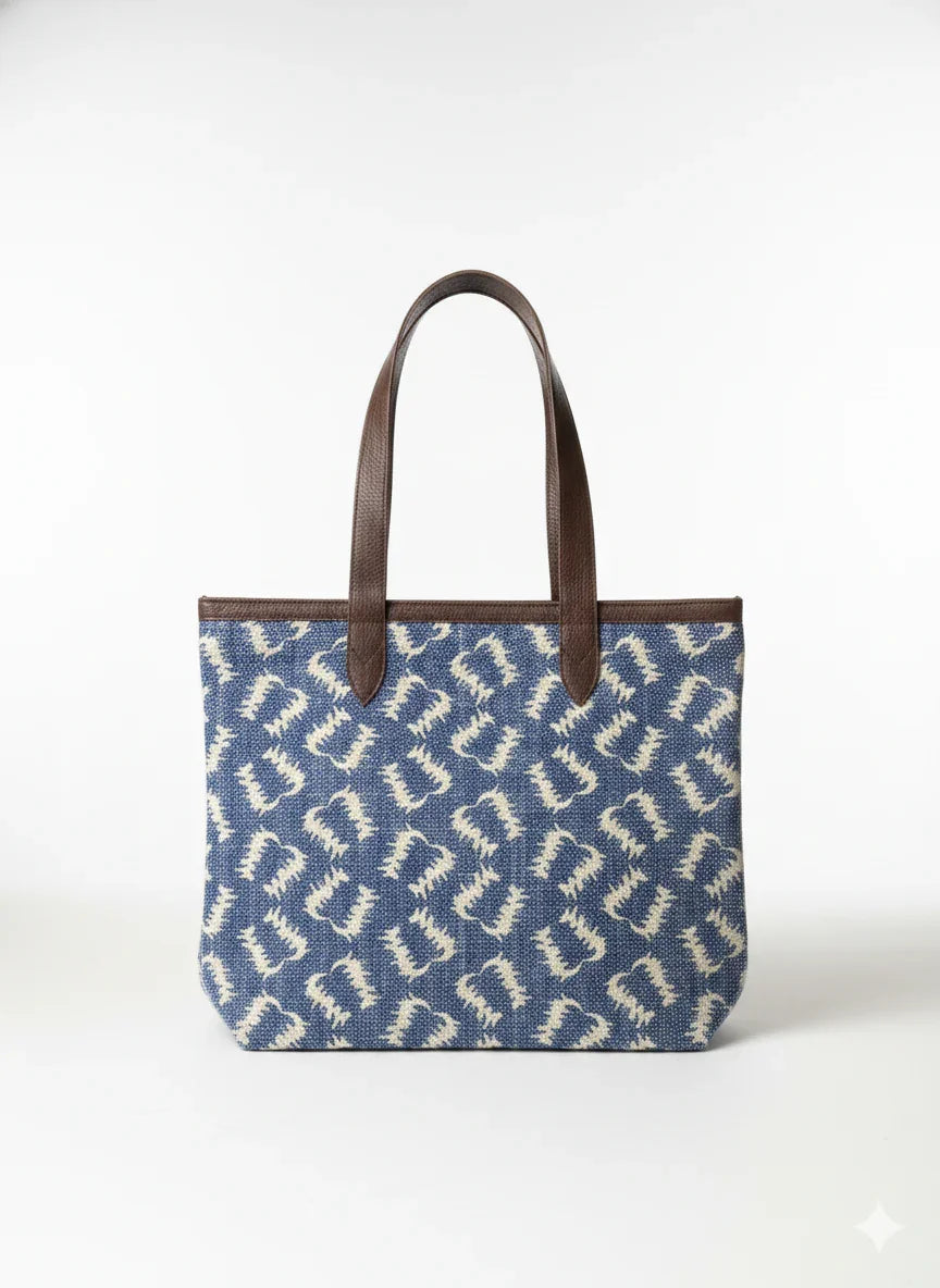 Blue Geometric Print with Brown Handle Cotton Tote Bag for Women - SanskrutiHomes 