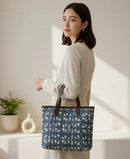 Navy Blue Ethnic Motif Print Cotton Tote Bag for Women - SanskrutiHomes 