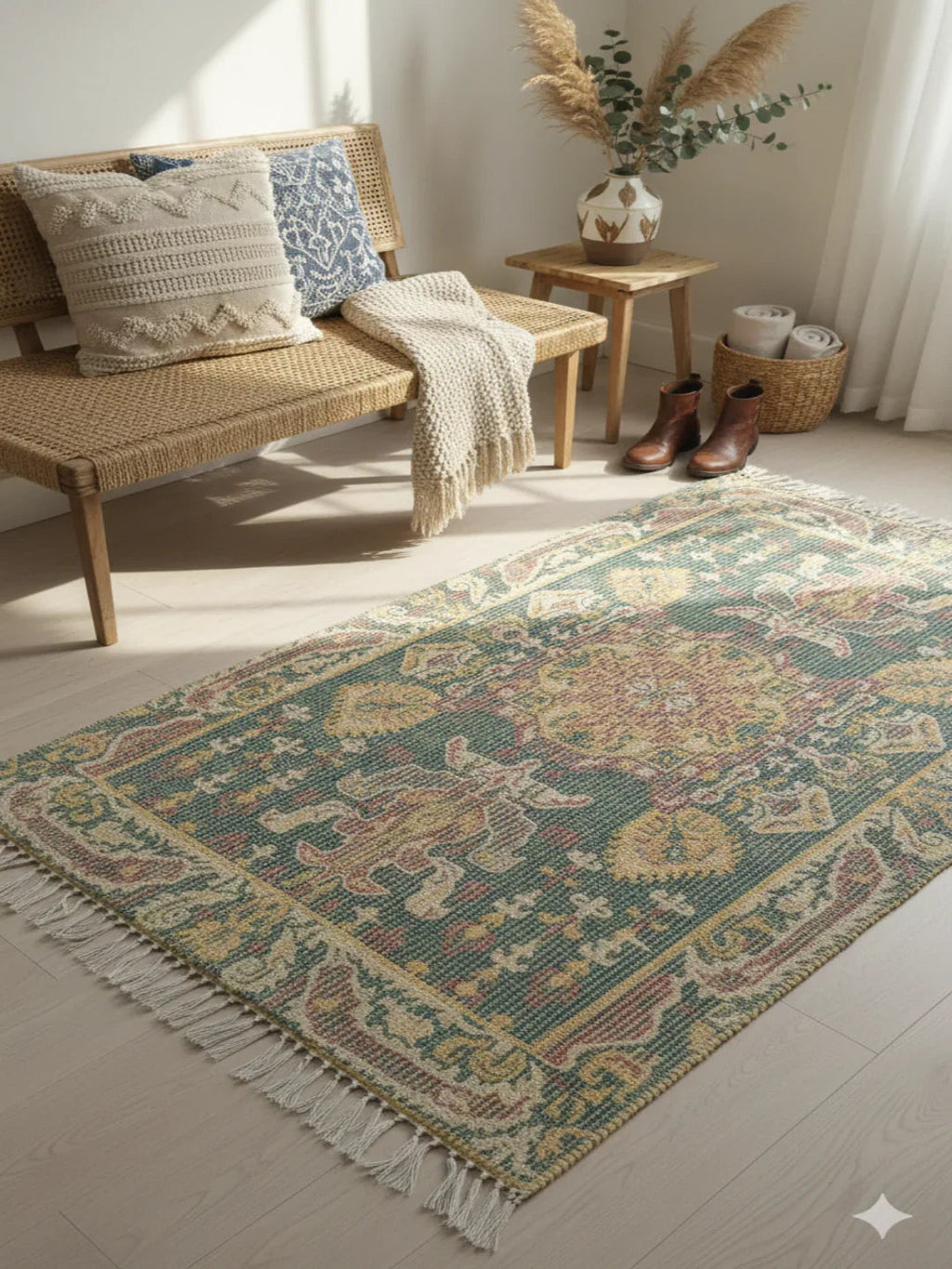 Sage Green Digital Geometric Print with fringed edges Rug - SanskrutiHomes 