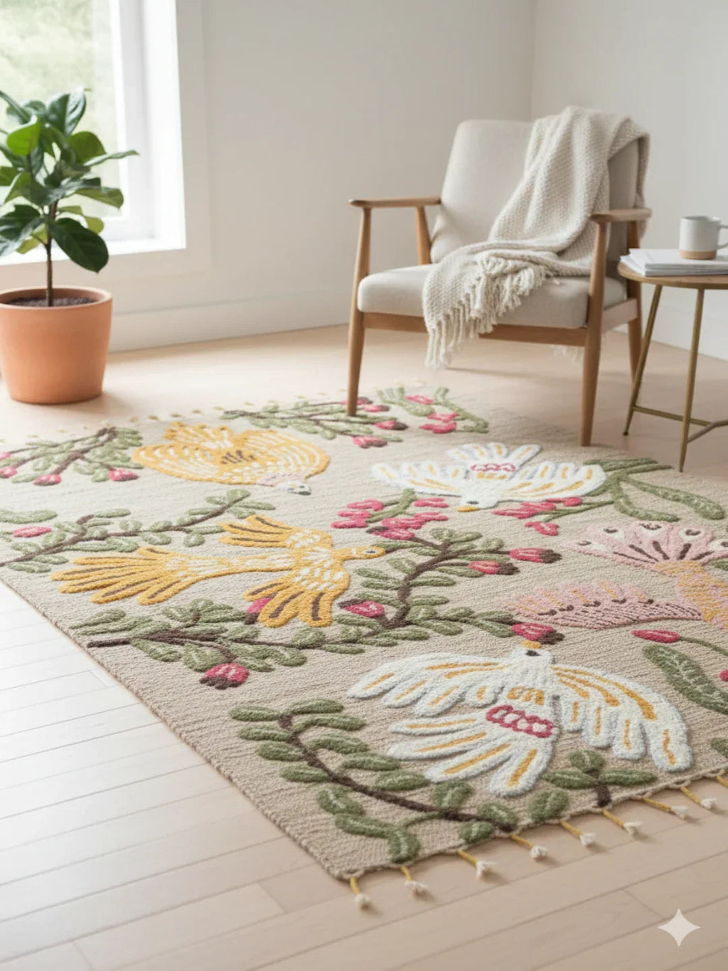 Multi Color Floral Print Woven Cotton Jute tufted Rug - SanskrutiHomes 
