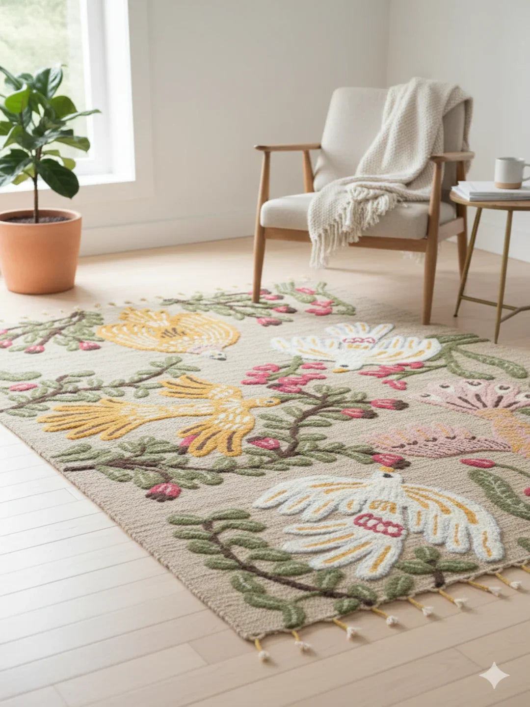 Multi Color Floral Print Woven Cotton Jute tufted Rug - SanskrutiHomes 
