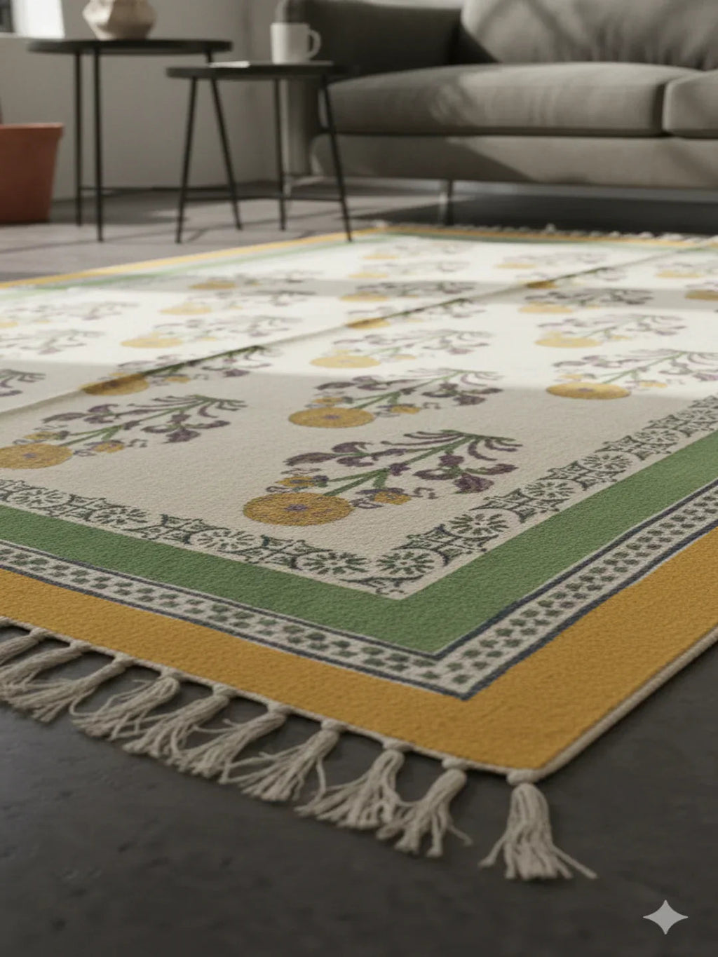 Yellow & Green Block Printed Cotton Area with Fringed Edges Rug - SanskrutiHomes 