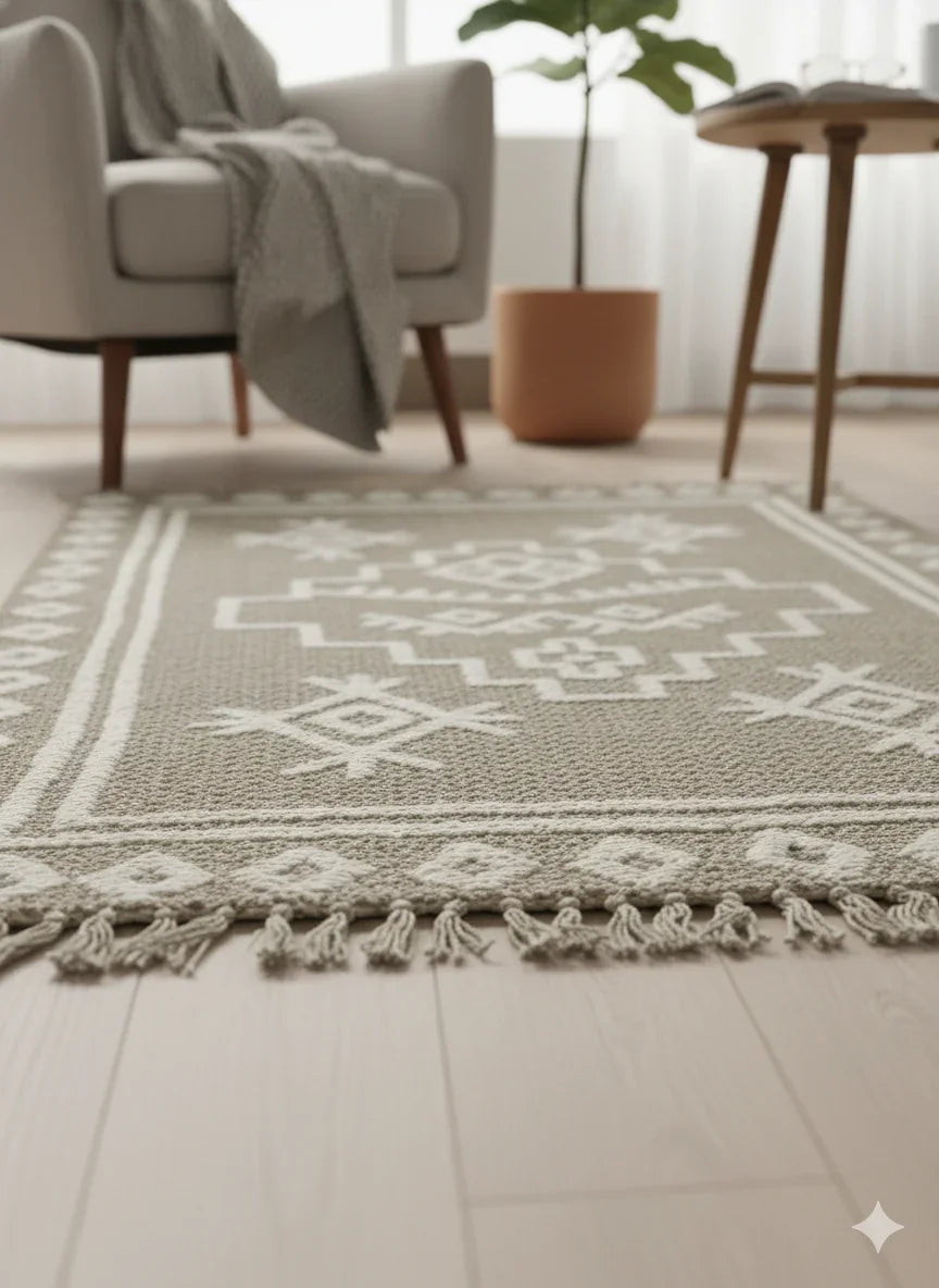 Grey Tribal Geometric Woven Cotton Jute Rug with Fringed Edges - SanskrutiHomes 