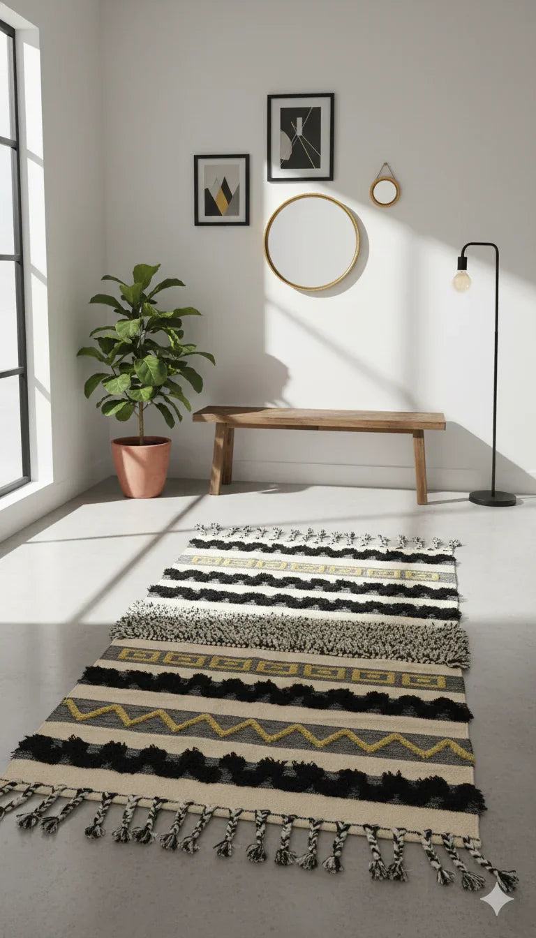 Hand-weaved Black Ruffle Cotton Rug with zari work - SanskrutiHomes 