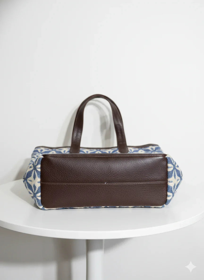 Blue Geometric floral Print Cotton Tote Bag for Women - SanskrutiHomes 