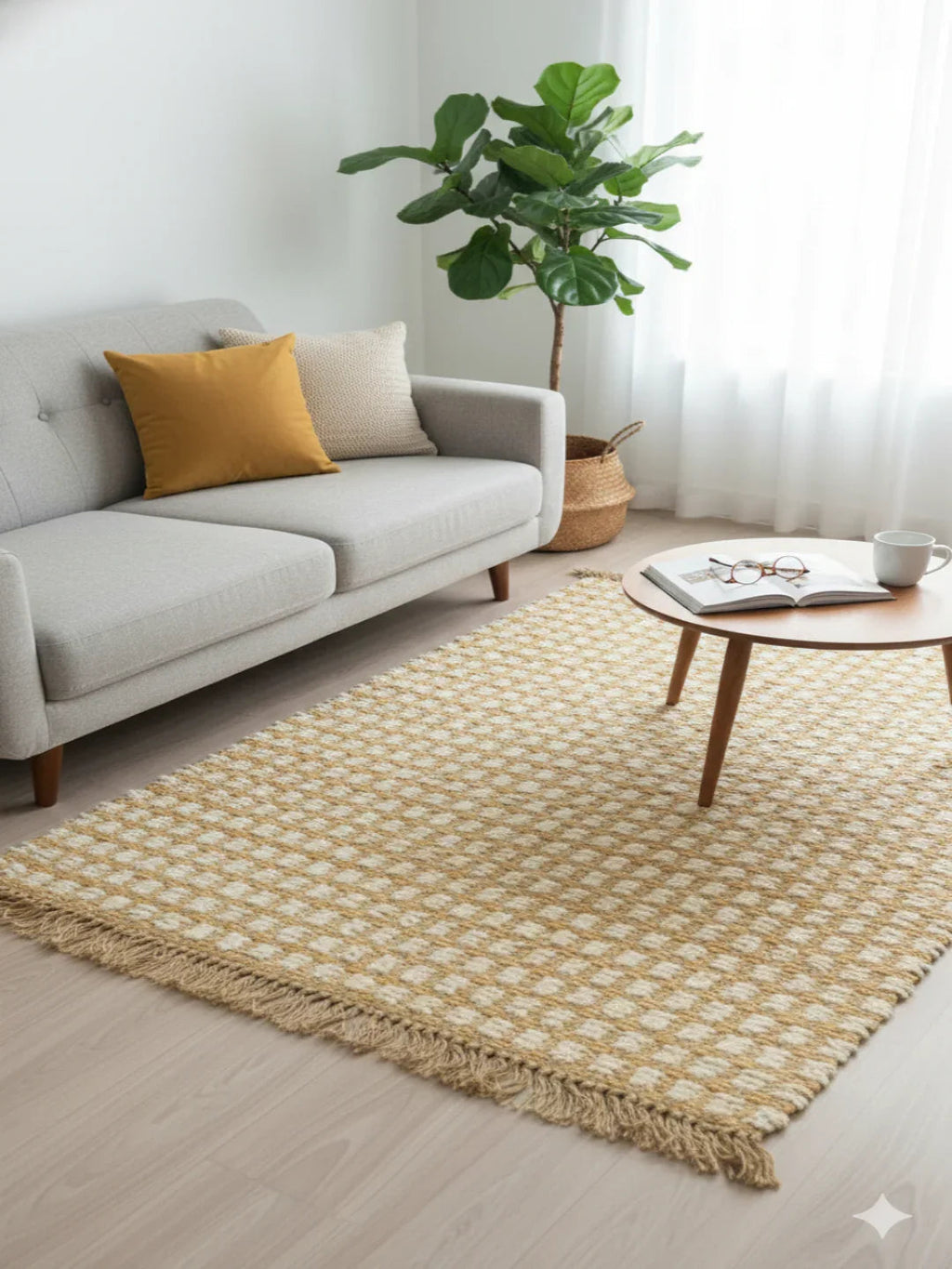Brown Checks Print Woven Cotton Jute fringed edges Rug - SanskrutiHomes 