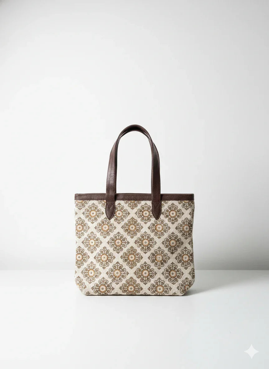 Beige Floral Print with Brown Handle Cotton Tote bag for Women - SanskrutiHomes 