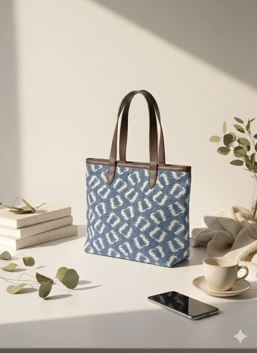 Blue Geometric Print with Brown Handle Cotton Tote Bag for Women - SanskrutiHomes 